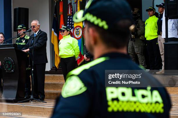 Colombia's minister of defense Ivan Velasquez speaks during a press conference between the Colombian Judicial Police , the Ministry of Defense and...