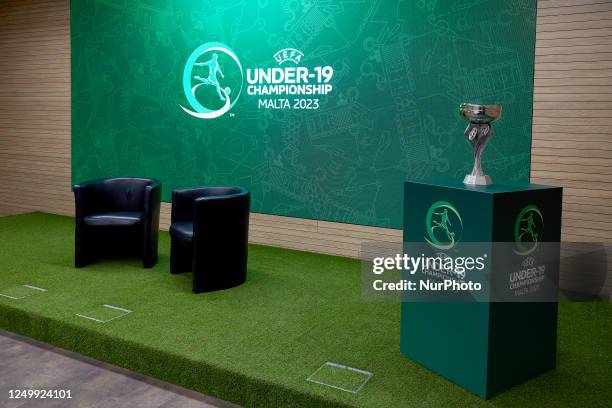 The UEFA Under-19 Championship official trophy on display at the Centenary Hall, Ta' Qali, Malta on 29 March 2023, ahead of the launch event for the...