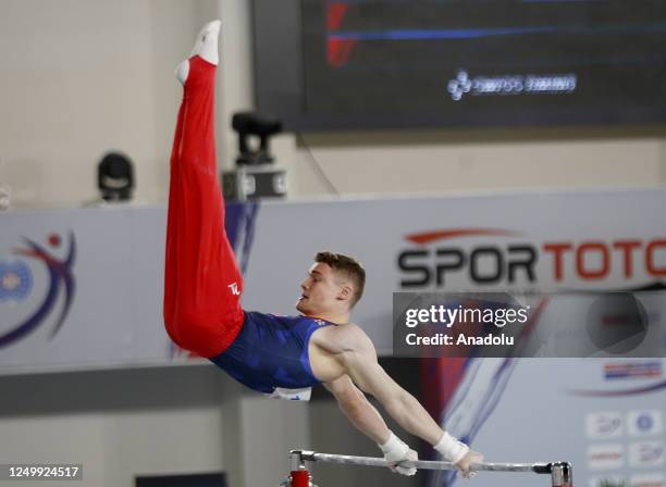 Powell Winston of United Kingdom performs during 2nd FIG Artistic Gymnastics Junior World Championships at Antalya Gymnastics Hall on March 29, 2023...