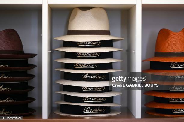 Borsalino hats are on display on March 28 in the historical first shop opened in Alessandria by the legendary brand. - Humphrey Bogart, Sergio Leone,...