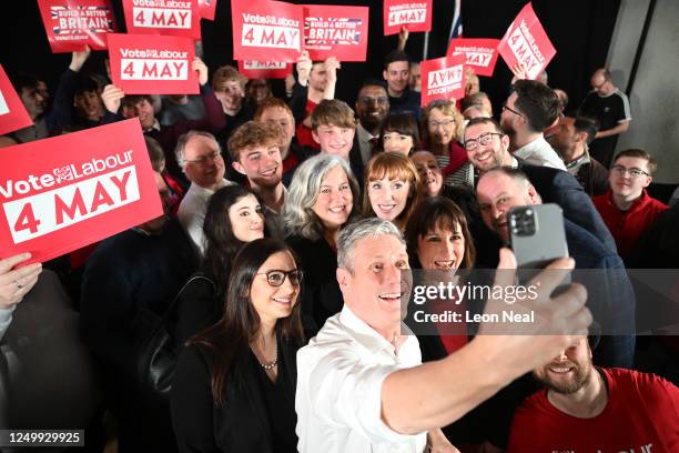 Labour Party leader Keir Starmer takes a selfie during the launch of Labour's Local Election campaign on March 30, 2023 in Swindon, England. Labour...