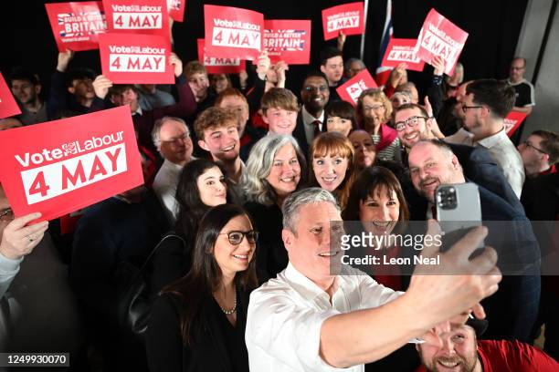 Labour Party leader Keir Starmer takes a selfie during the launch of Labour's Local Election campaign on March 30, 2023 in Swindon, England. Labour...