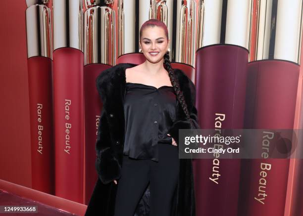 Selena Gomez celebrates the launch of Rare Beauty's Soft Pinch Tinted Lip Oil Collection on March 29, 2023 in New York City.