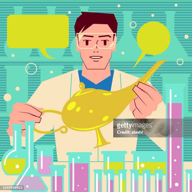 ein junger, hübscher ostasiatischer ethnizitätsforscher (arzt, biochemiker), der eine magische lampe zeigt und ein wissenschaftliches experiment macht (medizinische forschung) - crispr stock-grafiken, -clipart, -cartoons und -symbole
