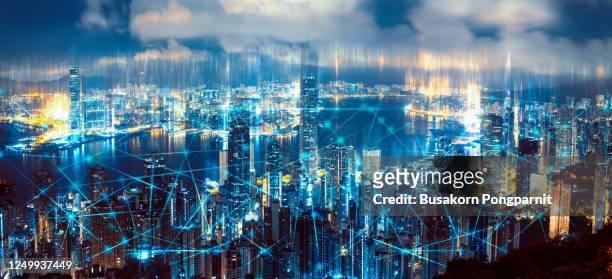 aerial view of city network. technology smart city with network communication internet of thing. - business finance and industry stock pictures, royalty-free photos & images