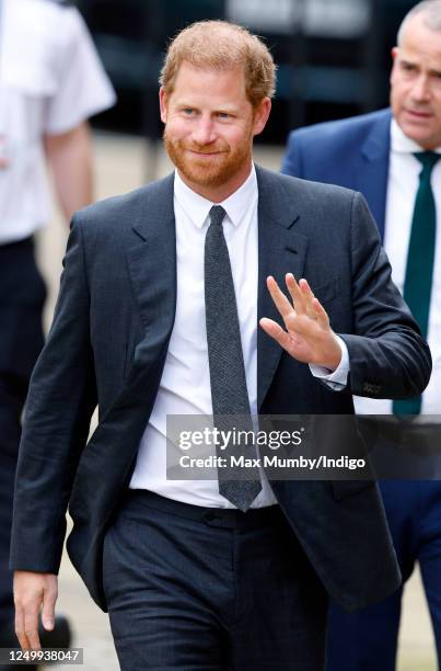 Prince Harry, Duke of Sussex arrives at the Royal Courts of Justice on March 30, 2023 in London, England. Prince Harry is one of several claimants in...