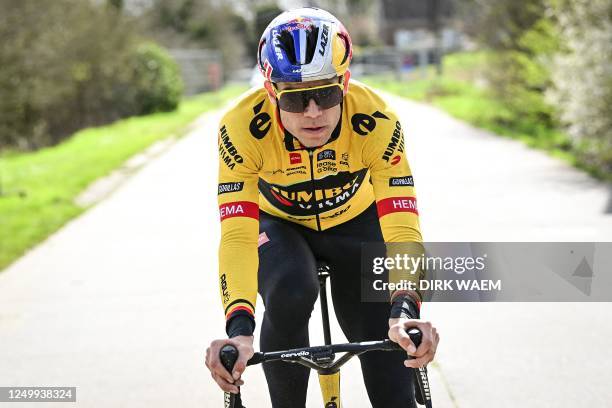 Jumbo-Visma's rider Belgian Wout van Aert rides in a training, ahead of the Ronde van Vlaanderen cycling race, in Oudenaarde, on March 30, 2023. -...