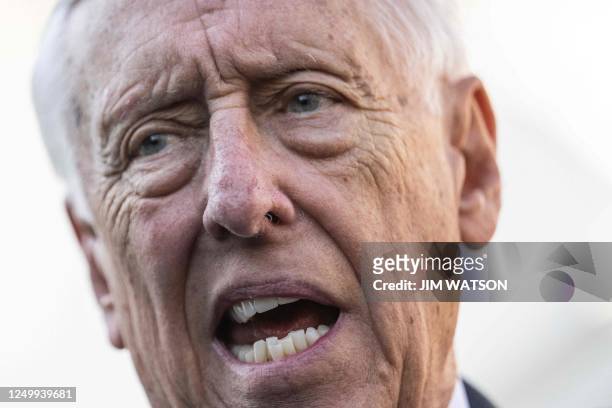 Congressman Steny Hoyer, D-MD, speaks alongside other members of congress after a meeting at the White House in Washington, DC, on March 30, 2023.
