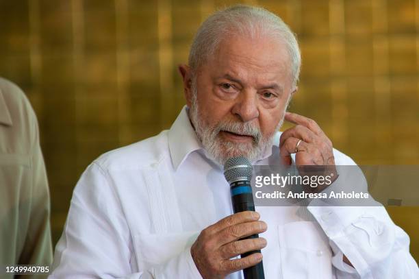 President of Brazil Luiz Inácio Lula da Silva speaks during the tour FIFA Women's World Cup Trophy ahead of the upcoming World Cup Australia - New...