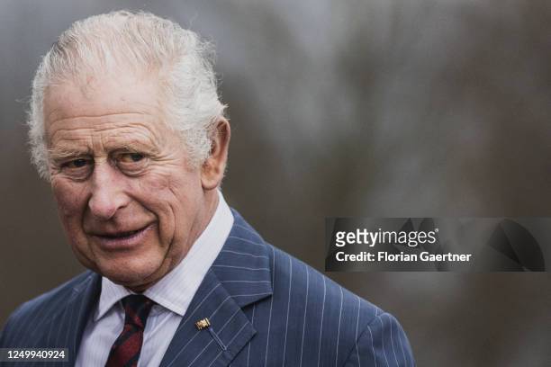 King Charles III., Head of State of the United Kingdom, is pictured as he arrives at the eco-village of Brodowin on March 30, 2023 in Brodowin,...