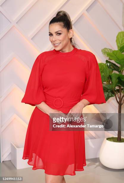 Lourdes Stephen is seen on the set of Telemundo's "Hoy Dia" morning show at Telemundo Center on March 30, 2023 in Doral, Florida.