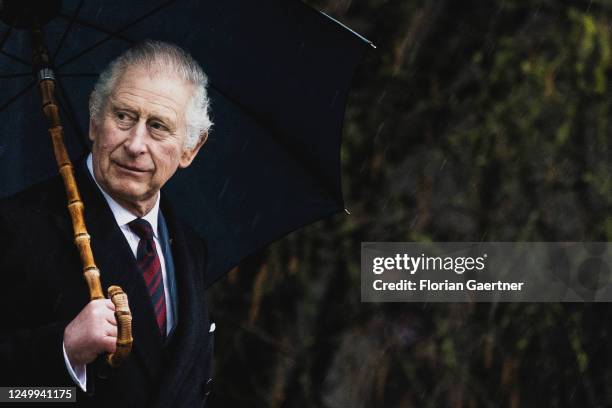 King Charles III., Head of State of the United Kingdom, is pictured during his visit at the eco-village of Brodowin on March 30, 2023 in Brodowin,...