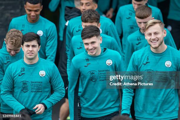 Liam Walsh, Luke Cundle and Harry Darling of Swansea City during the Swansea City AFC Training Session at Fairwood on March 30, 2023 in Swansea,...