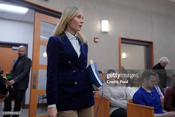 Gwyneth Paltrow enters the courtroom for her trial March 30, 2023 in Park City, Utah. Paltrow is accused in a lawsuit of crashing into a skier during...