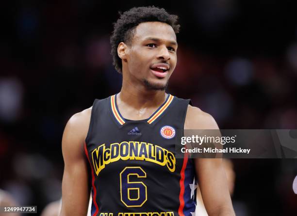 Bronny James of McDonald's All American Boys West is seen during the McDonalds All American Basketball Games at Toyota Center on March 28, 2023 in...