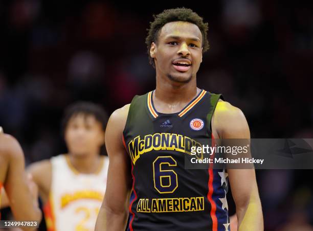 Bronny James of McDonald's All American Boys West is seen during the McDonalds All American Basketball Games at Toyota Center on March 28, 2023 in...