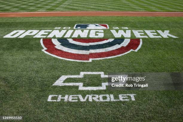 General view of the Opening Week logo on the field prior to the game between the Atlanta Braves and the Washington Nationals at Nationals Park on...