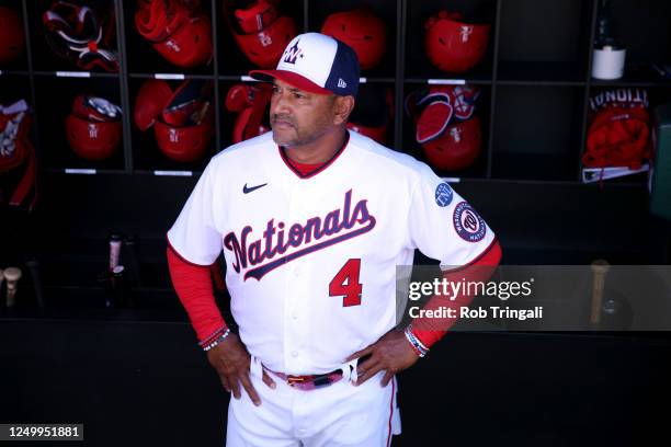 Manager Dave Martinez of the Washington Nationals looks on from the dugout prior to the game between the Atlanta Braves and the Washington Nationals...