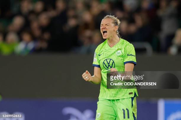 Wolfsburg's German forward Alexandra Popp reacts after the final whistle ending the UEFA Women's Champions League quarter-final second-leg match...