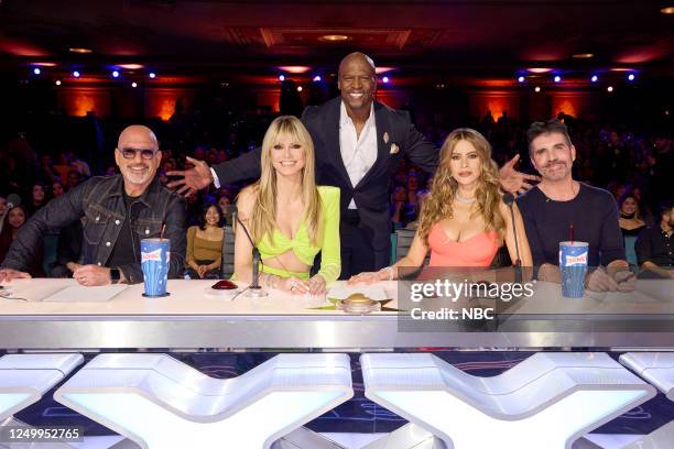 Season: 18 -- Pictured: Howie Mandel, Heidi Klum, Terry Crews, Sofia Vergara, Simon Cowell --