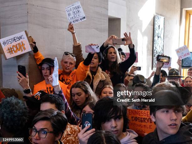 Protesters gather inside the Tennessee State Capitol to call for an end to gun violence and support stronger gun laws on March 30, 2023 in Nashville,...