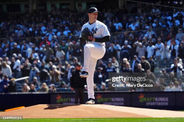 Gerrit Cole pitches in the first inning during the game between the San Francisco Giants and the New York Yankees at Yankee Stadium on Thursday,...