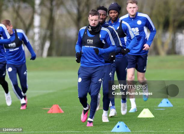 Jamie Vardy of Leicester City during the Leicester City training session at Leicester City Training Ground, Seagrave on March 30, 2023 in Leicester,...