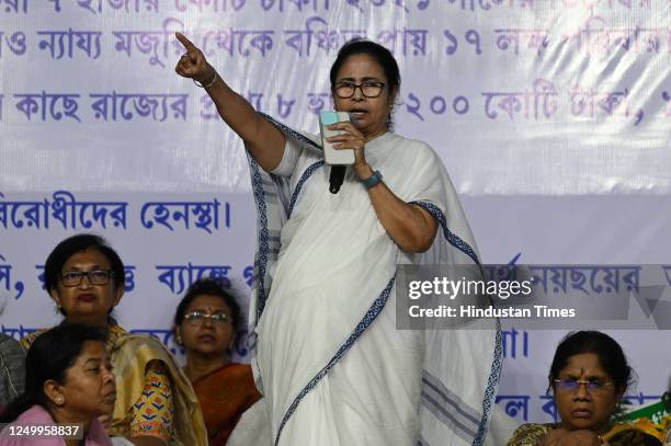 Chief Minister of West Bengal and Trinamool Congress chief Mamata Banerjee delivers concluding speech on second day of her sit-in-protest near B R...