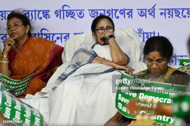 Chief Minister of West Bengal and Trinamool Congress chief Mamata Banerjee on second day of her sit-in-protest near B R Ambedkar statue, on March 30,...