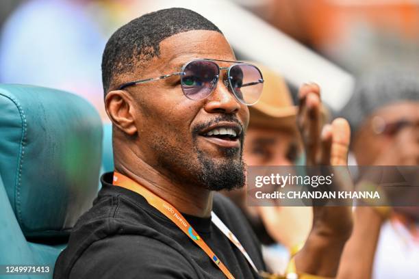 Actor Jamie Foxx attends the men's quater-final match between Christopher Eubanks of the US and Daniil Medvedev of Russia at the 2023 Miami Open at...