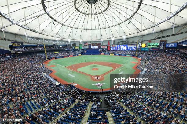 General view inside the stadium during the game between the Detroit Tigers and the Tampa Bay Rays at Tropicana Field on Thursday, March 30, 2023 in...