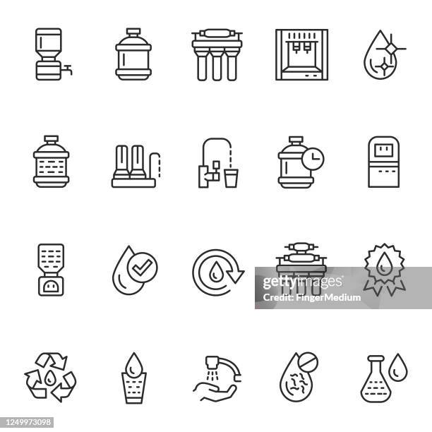 ilustraciones, imágenes clip art, dibujos animados e iconos de stock de conjunto de iconos de entrega de agua - destilación