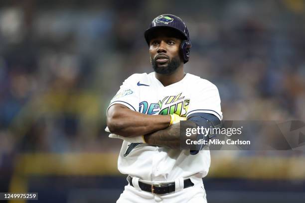 Randy Arozarena of the Tampa Bay Rays reacts after hitting a one RBI single in the sixth inning during the game between the Detroit Tigers and the...