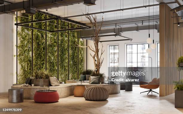 3d rendering of creative office space - interior decoration imagens e fotografias de stock