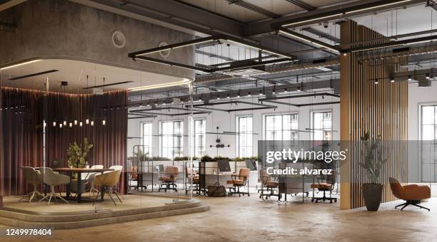 3d rendering of modern and open plan office space - office 3d render stock pictures, royalty-free photos & images