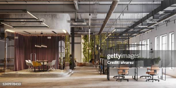 eco friendly office interior in 3d render - panoramic office stock pictures, royalty-free photos & images