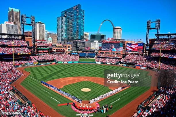 General view of Busch Stadium during the National Anthem prior to a game against the St. Louis Cardinals and the Toronto Blue Jays on Opening Day at...