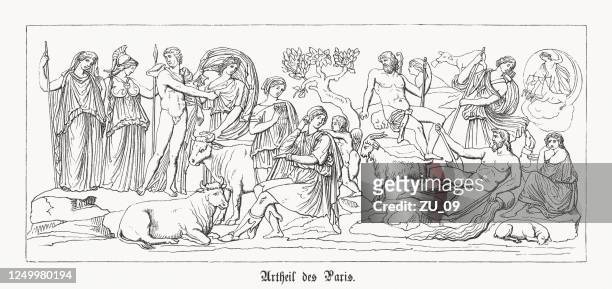 judgement of paris, greek mythology, wood engraving, published in 1868 - aphrodite stock illustrations