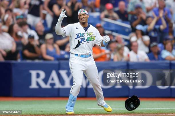 Wander Franco of the Tampa Bay Rays rounds the bases after hitting a home run in the eighth inning during the game between the Detroit Tigers and the...