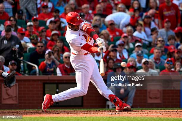 Jordan Walker of the St. Louis Cardinals hits a single in his first MLB at bat against the Toronto Blue Jays in the second inning on Opening Day at...