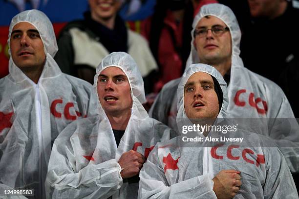 Russia fans sing their national anthem during the IRB 2011 Rugby World Cup Pool C match between Russia and the USA at Stadium Taramaki on September...