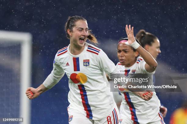 Sara Dabritz of Lyon celebrates their second goal with Perie Morroni of Lyon during the UEFA Women's Champions League quarter-final 2nd leg match...