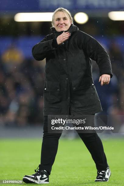 Chelsea manager Emma Hayes celebrates victory during the UEFA Women's Champions League quarter-final 2nd leg match between Chelsea FC and Olympique...