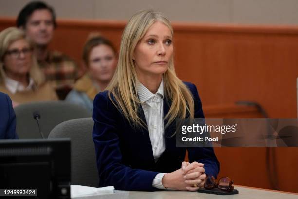 Actor Gwyneth Paltrow sits in court as the verdict is read in her civil trial over a collision with another skier on March 30 in Park City, Utah. The...