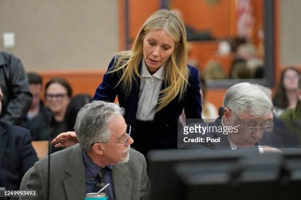 Actor Gwyneth Paltrow speaks with retired optometrist Terry Sanderson after the verdict was read in his $300,000 suit against her over a skiing...