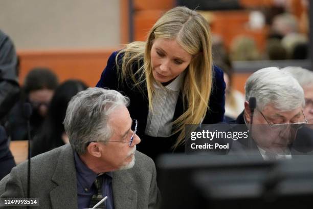 Actor Gwyneth Paltrow speaks with retired optometrist Terry Sanderson after the verdict was read in his $300,000 suit against her over a skiing...