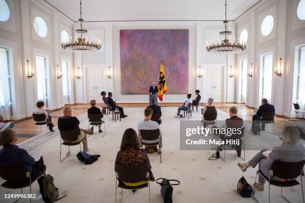 German President Frank-Walter Steinmeier holds a speech prior hosting a discussion on racism in Germany at Schloss Bellevue palace on June 16, 2020...