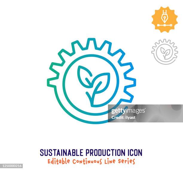 ilustraciones, imágenes clip art, dibujos animados e iconos de stock de icono editable de línea continua de producción sostenible - manufacturar