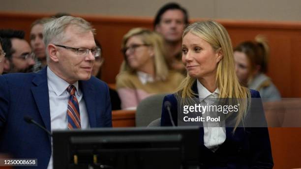 Actor Gwyneth Paltrow and attorney Steve Owens react as the verdict is read in her civil trial over a collision with another skier on March 30 in...