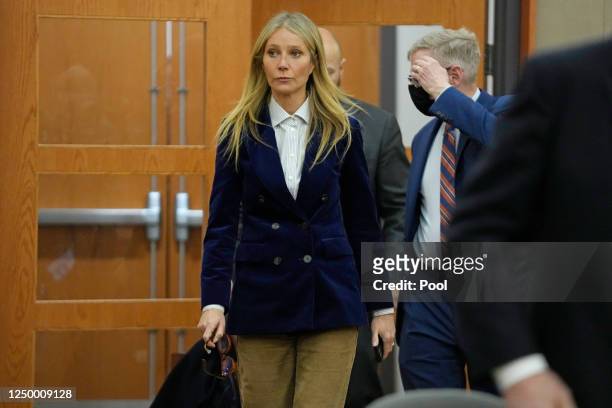 Actor Gwyneth Paltrow enters court before the reading of the verdict in her civil trial over a collision with another skier on March 30 in Park City,...